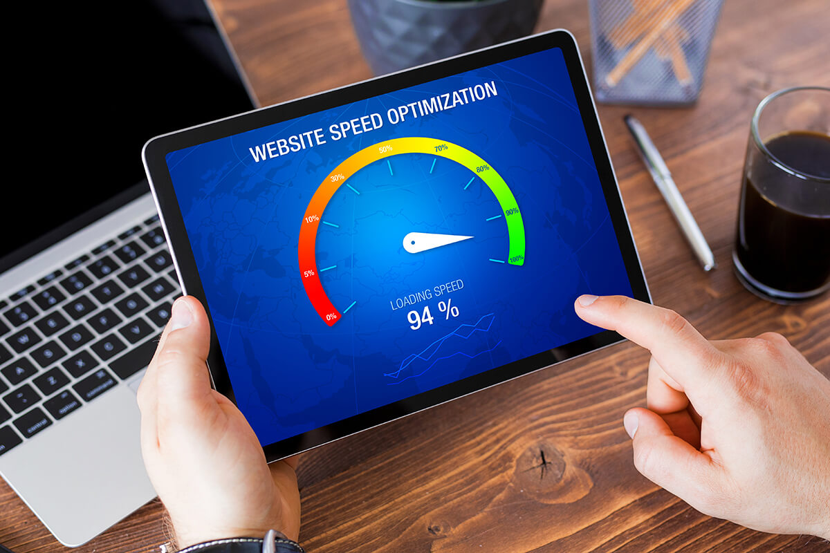 Man evaluating website loading speed, concept of page speed optimization