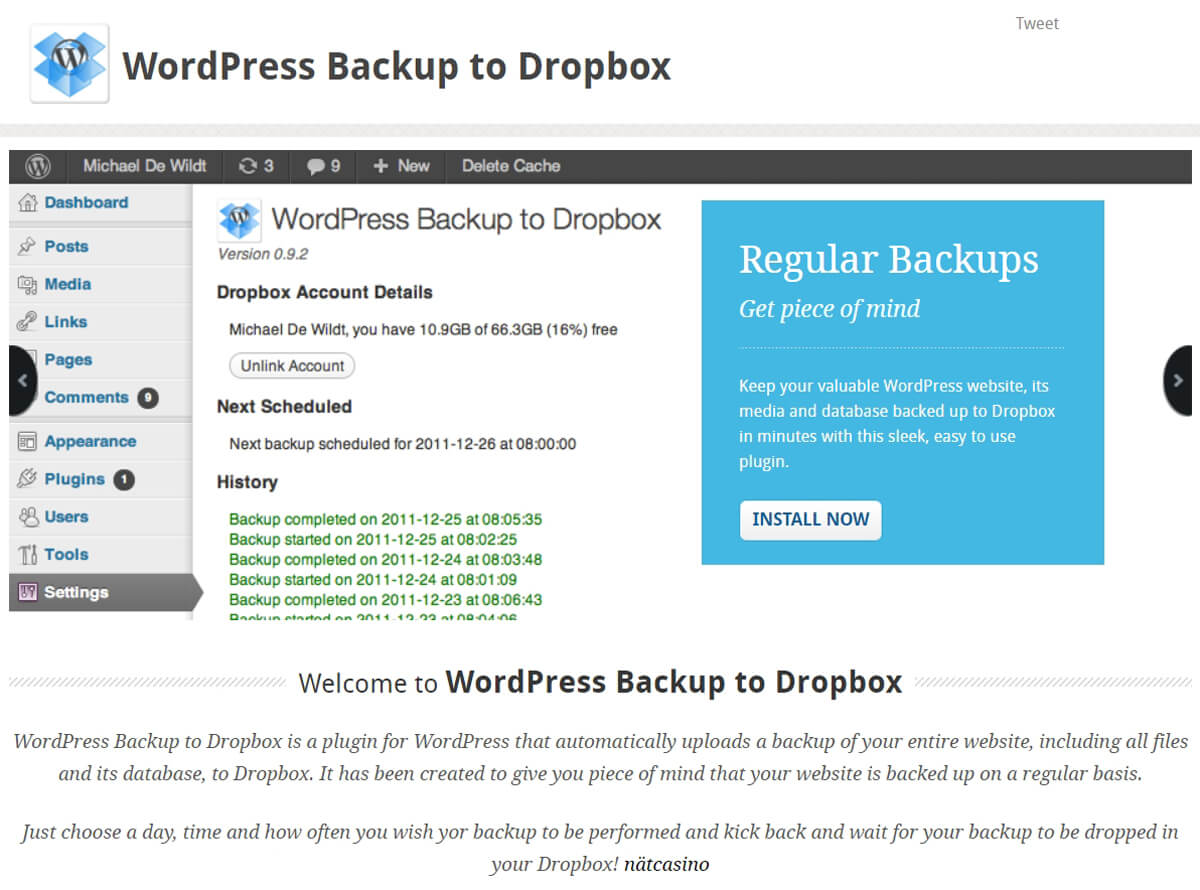 WordPress Backup to Dropbox is a plugin for WordPress that automatically uploads a backup of your entire website, including all files and its database, to Dropbox.