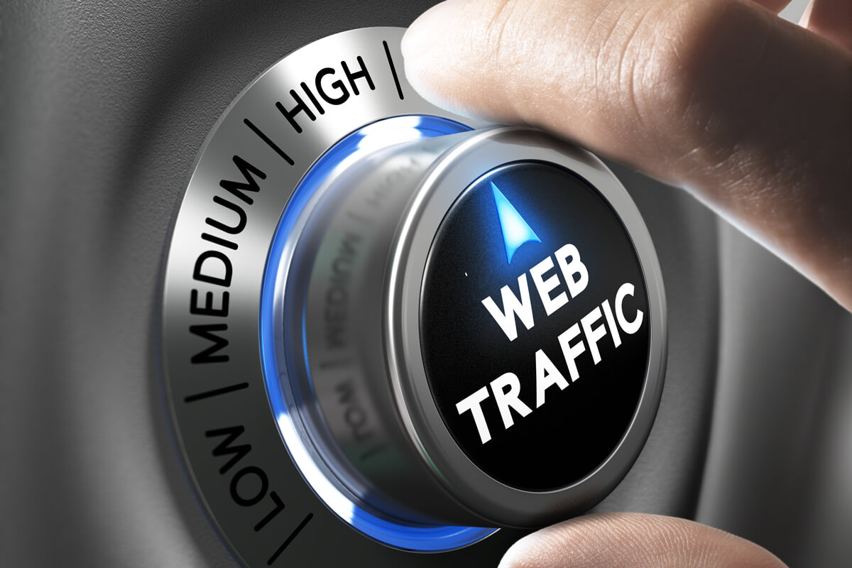 Web traffic button pointing high position with two fingers, blue and grey tones, Conceptual image for internet seo